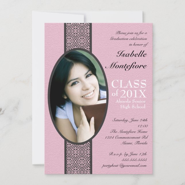 Invitation Fête de graduation en noir rose rayé classique (Devant)