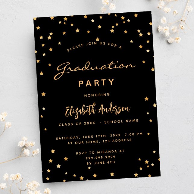 Invitation Fête de graduation étoiles d'or noir (Créateur téléchargé)