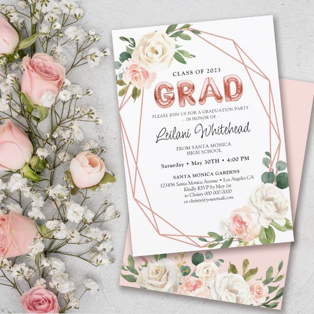 Invitation Fête de graduation Fille Blush Rose Floral (Créateur téléchargé)