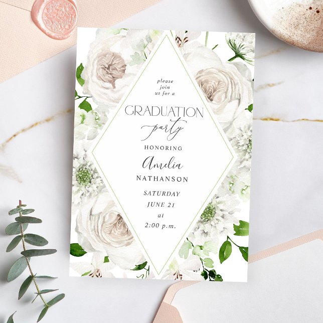 Invitation Fête de graduation Florale Blanche (Créateur téléchargé)