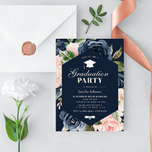 Invitation fête de graduation florale bleu et rose marine
