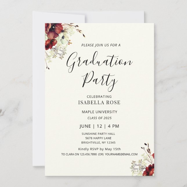 Invitation Fête de graduation florale minimale moderne (Devant)