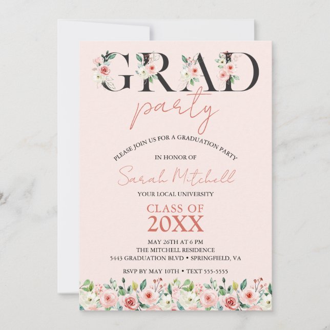 Invitation Fête de graduation florale rose pâle (Devant)