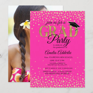 Invitation Fête de graduation Hot rose Black Gold Parties sci