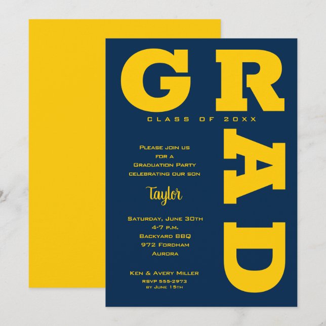 Invitation Fête de graduation jaune et bleu (Devant / Derrière)