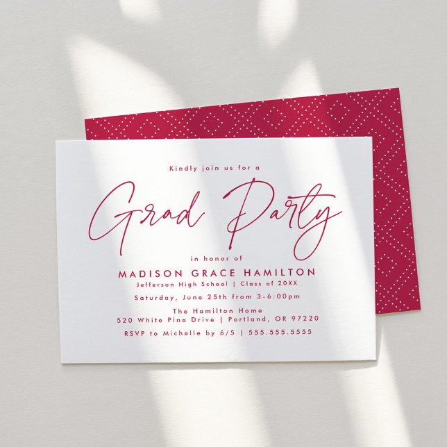 Invitation Fête de graduation Magenta Script Moderne (Créateur téléchargé)