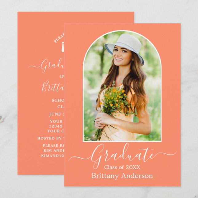 Invitation Fête de graduation moderne Arch Coral Peach (Devant / Derrière)
