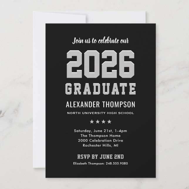 Invitation Fête de graduation moderne de Black Grey 2025 (Devant)
