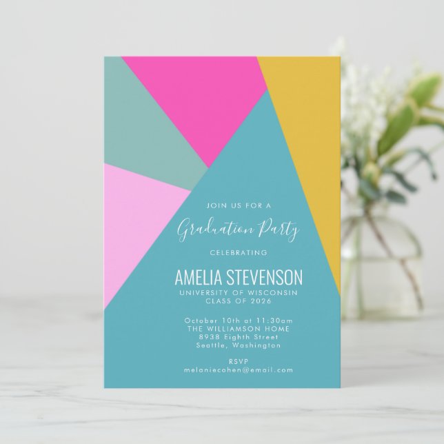 Invitation Fête de graduation moderne géométrique Turquoise r (Debout devant)