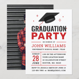 Invitation Fête de graduation moderne Gras Rouge Noir Blanc P