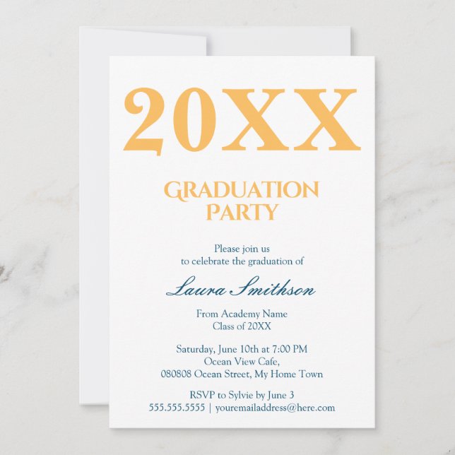 Invitation Fête de graduation moderne jaune et bleu (Devant)