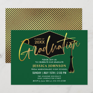 Invitation Fête de graduation moderne simple dorée verte