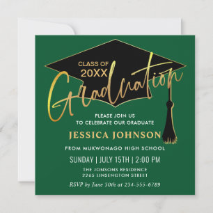 Invitation Fête de graduation moderne simple dorée verte