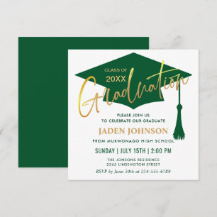 Invitation Fête de graduation moderne simple dorée verte