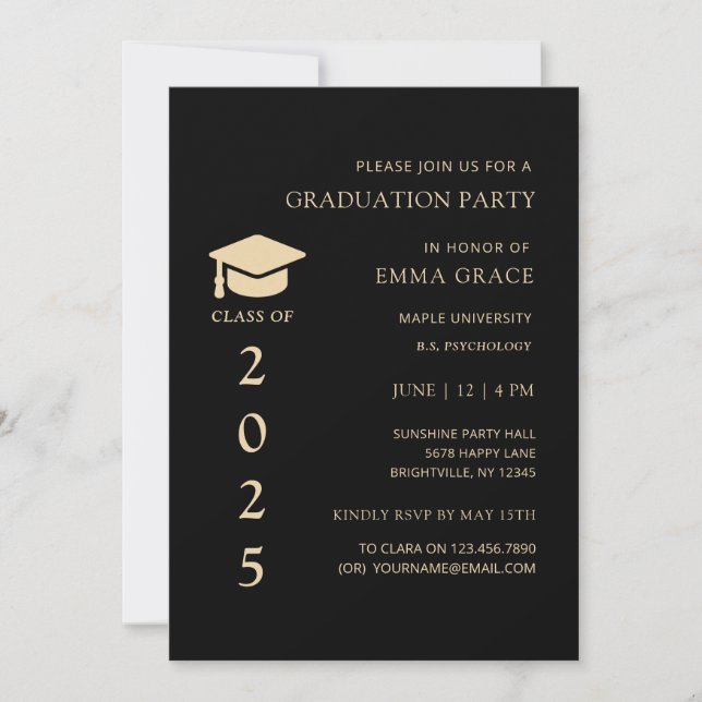 Invitation Fête de graduation moderne simple Noir et Or (Devant)