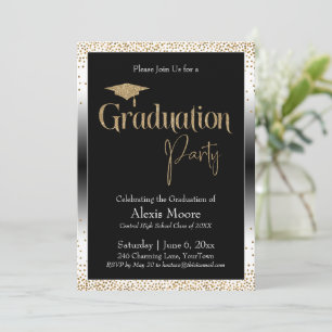 Invitation Fête de Graduation Noir & Blanc Ombre Or Confetti