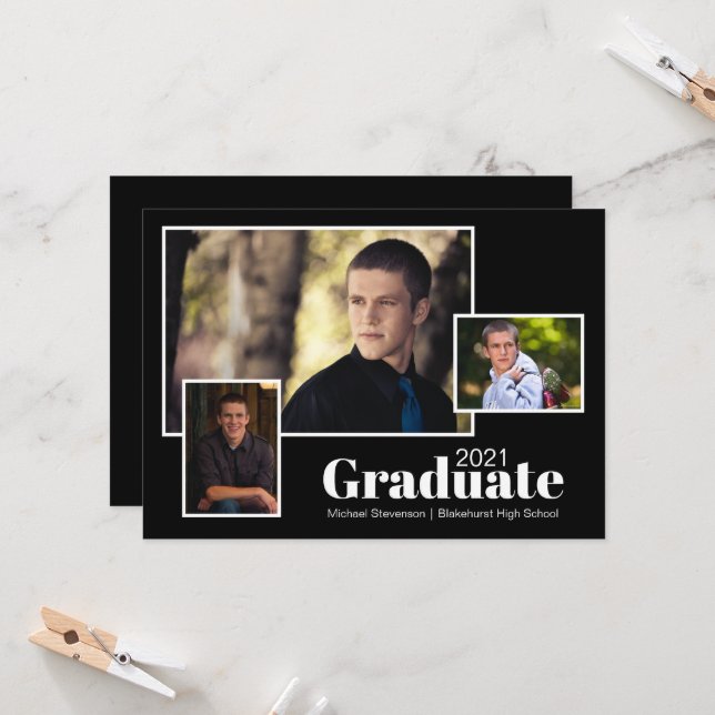 Invitation Fête de graduation noire à trois photos moderne (Devant/Arrière en situation)