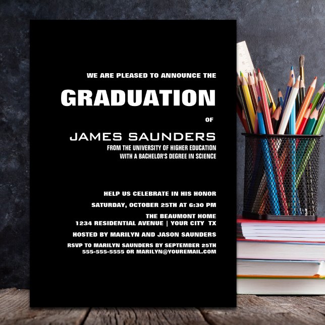 Invitation Fête de graduation noire moderne (Créateur téléchargé)