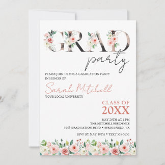 Invitation Fête de graduation noire, or et florale