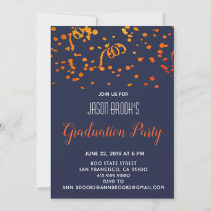 Invitation Fête de Graduation Orange Gold Confetti sur Noir