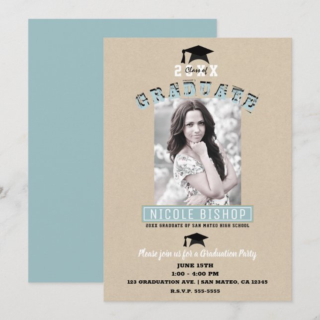 Invitation Fête de graduation photo bleu Kraft minimal modern (Devant / Derrière)