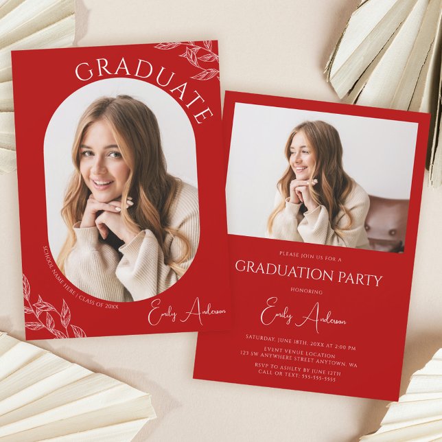 Invitation Fête de graduation photo Modern Leaf Red 2 (Créateur téléchargé)