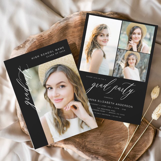 Invitation Fête de graduation photo moderne Black tendance (Créateur téléchargé)