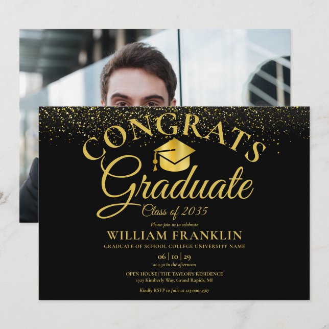 Invitation Fête de graduation photo moderne Noir et Or (Devant / Derrière)