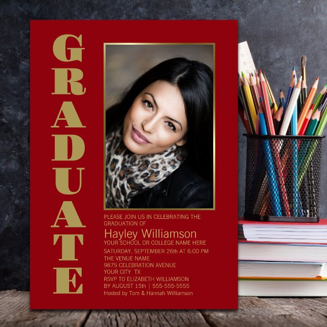 Invitation Fête de graduation photo moderne Simple Red Gold (Créateur téléchargé)