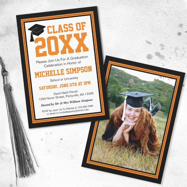 Invitation Fête de Graduation Photo Noir et Orange (Créateur téléchargé)