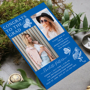 Invitation Fête de graduation photo Papillon blanc bleu moder