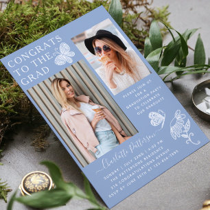Invitation Fête de graduation photo Papillon blanc bleu moder