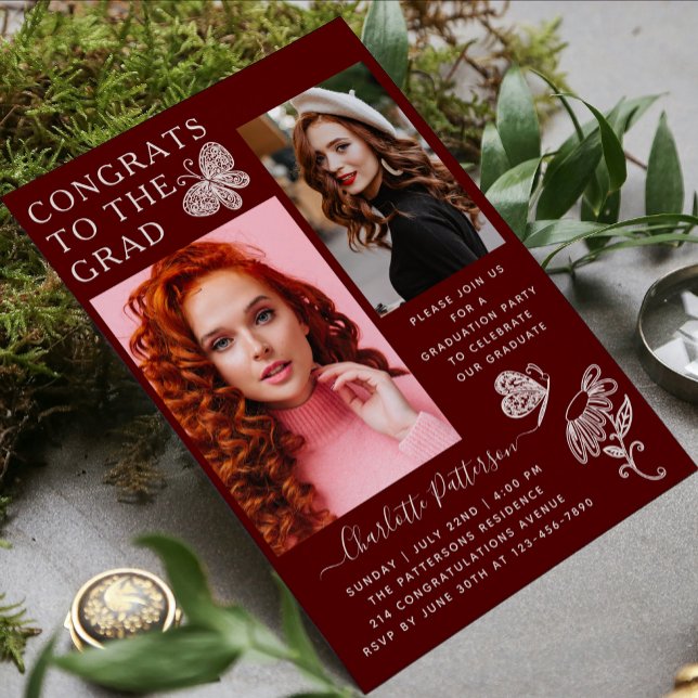Invitation Fête de graduation photo papillon Bourgogne modern (Créateur téléchargé)