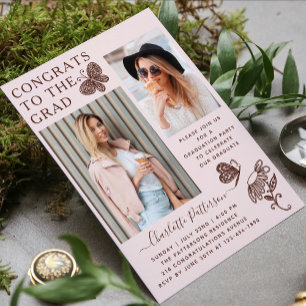 Invitation Fête de graduation photo papillon rose Brown moder
