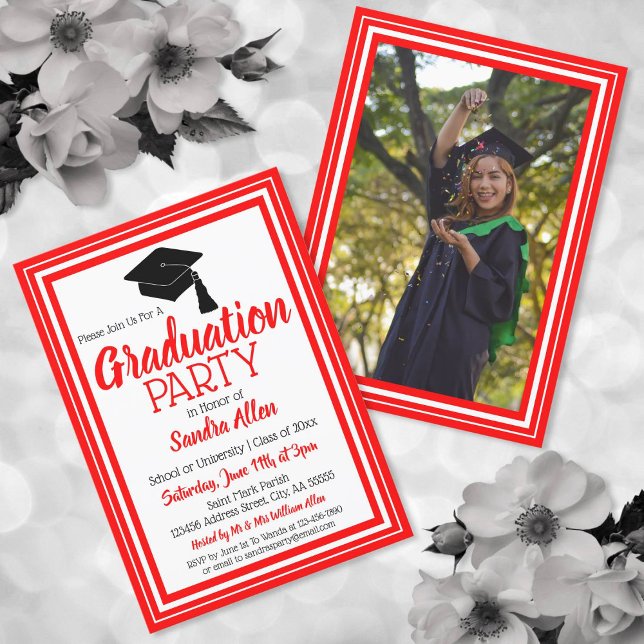 Invitation Fête de graduation photo rouge et blanc (Créateur téléchargé)
