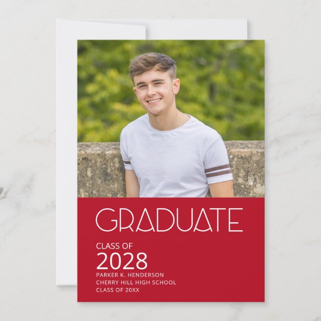 Invitation Fête de graduation photo rouge et blanc (Devant)
