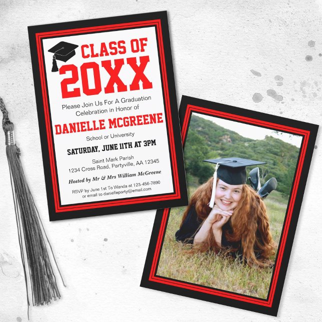 Invitation Fête de graduation photo rouge et noire (Créateur téléchargé)
