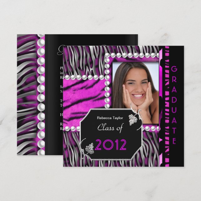 Invitation Fête de graduation Pink Black Silver Leopard Zebra (Devant / Derrière)