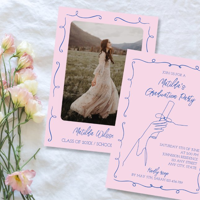 Invitation Fête de graduation Pink & Blue Photo (Hand Drawn Pink & Blue Photo Graduation Party Invitation class 0f 2024)