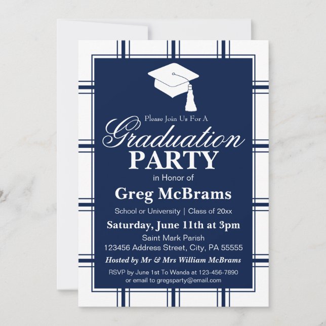 Invitation Fête de graduation Plaid Blue moderne (Devant)