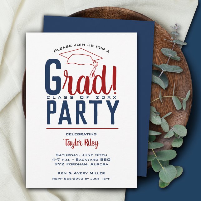 Invitation Fête de graduation rouge foncé et bleu (Créateur téléchargé)