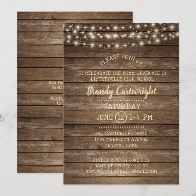 Invitation Fête de graduation Rustic Wood et String Lights (Devant / Derrière)