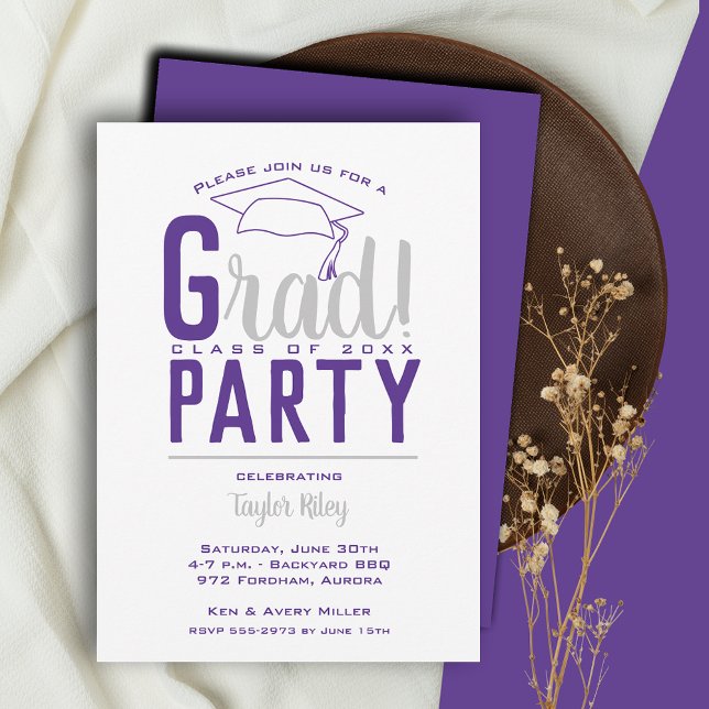 Invitation Fête de graduation violette et gris (Créateur téléchargé)