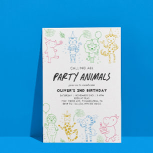 Invitation Fête de gribouillis Animaux Chaque année Anniversa
