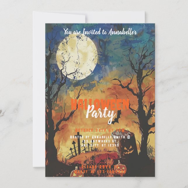 Invitation Fête de Halloween au cimetière sous la pleine lune (Devant)