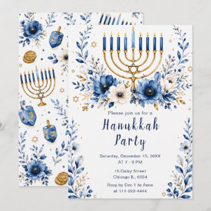 Invitation Fête de Hanukkah bleu et or