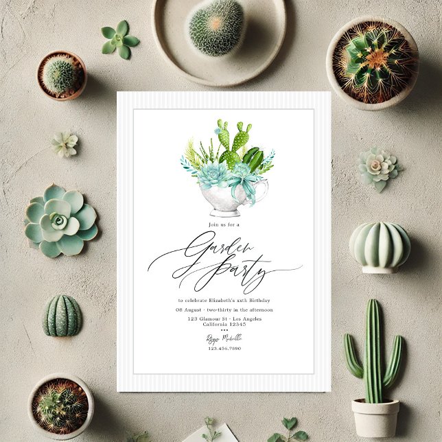 Invitation Fête de jardin à la tasse de thé Cactus Succulente (Cactus Succulent Tea Cup Garden Party Invitation)
