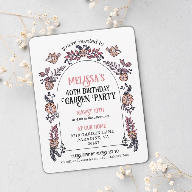 Invitation Fête de Jardin Rose 40e Anniversaire (Cute pink floral garden party birthday invitation.)