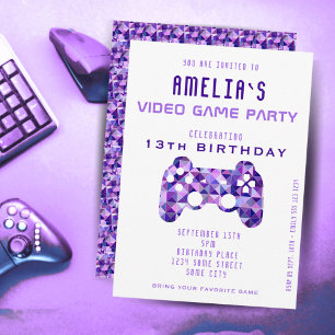Invitation Fête de jeu vidéo manette violette anniversaire de