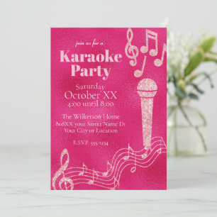 Invitation Fête de Karaoke Notes de Musique Rose Pailleté